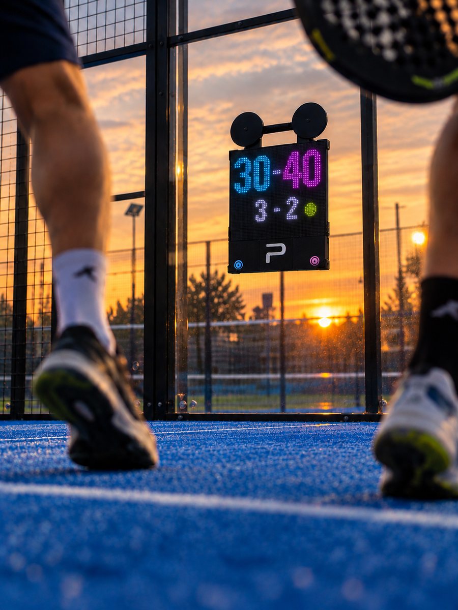 Partido de pádel con el tablero POINT PADEL marcando 30-40 en el vidrio